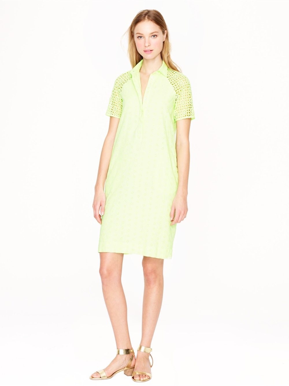 J.Crew Eyelet Shirtdress Neon Kiwi Lime Green Guipure Cutwork Sleeve Shift A3930